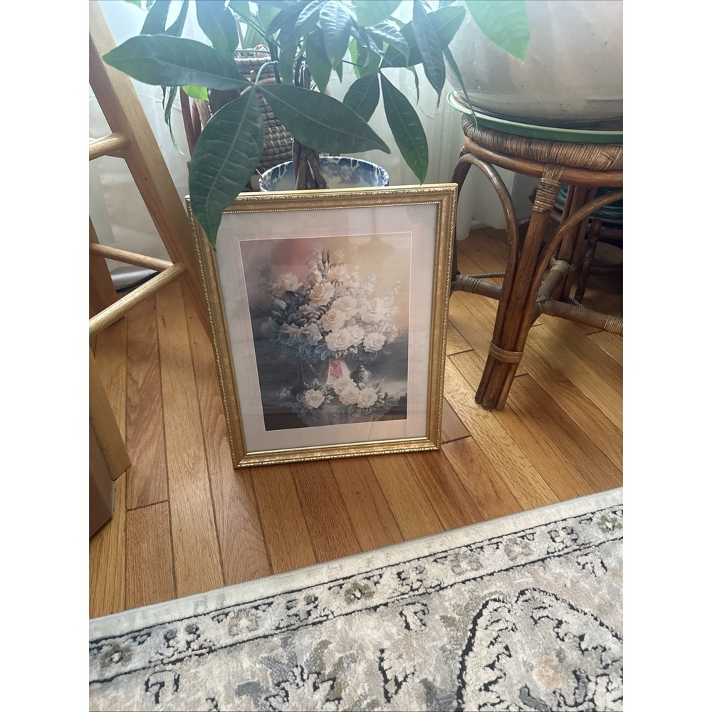 Framed Floral Still Life Art Print on Paper, Realism, Pottery, Roses 11 X 14